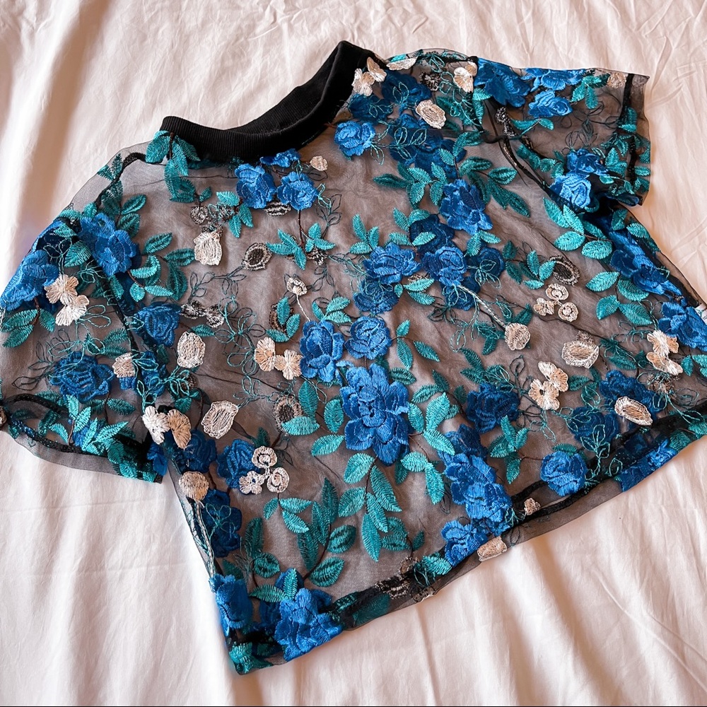 Blue and black laced crop top